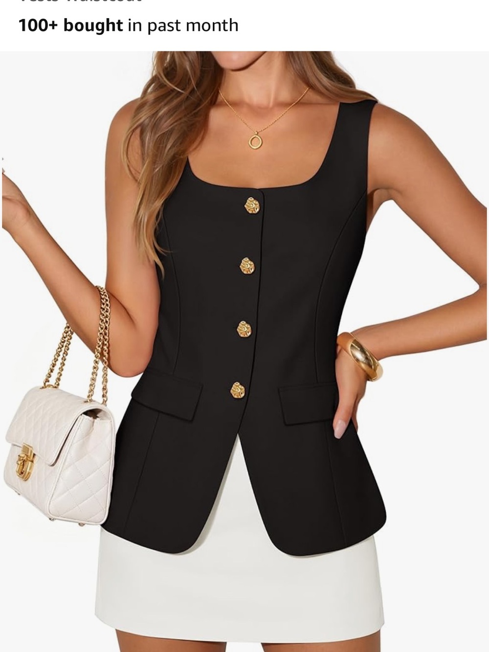 Zesica Women's Black Sleeveless Tailored Vest with Gold Buttons